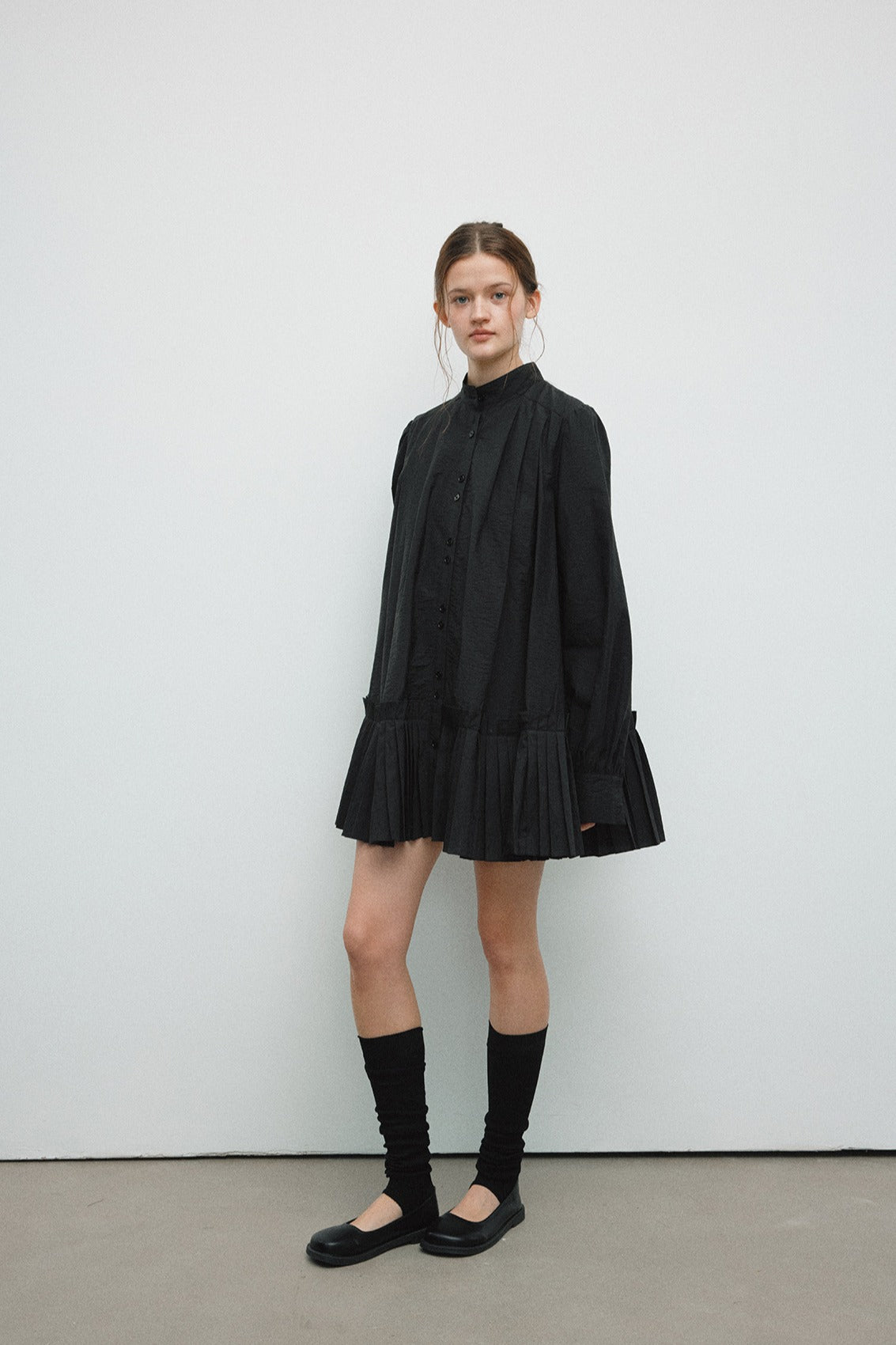 Cotton blend mid-length pleated tail dress | 4 color