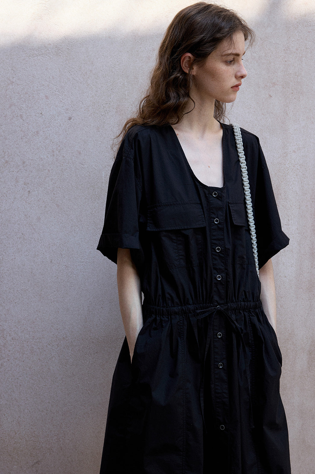 100% cotton pockets U-neck casual dress | 2 color