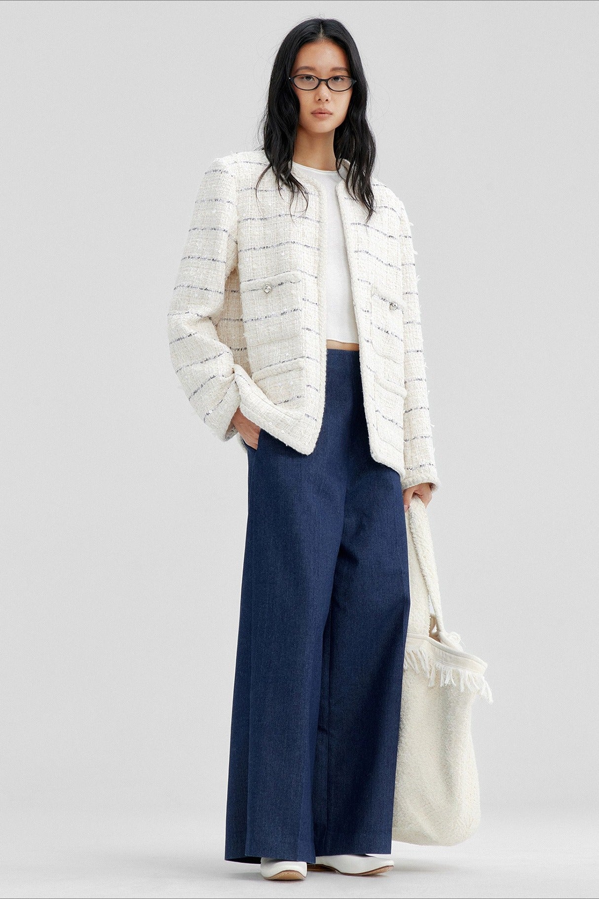 Cotton blend minimalist wide-leg jeans