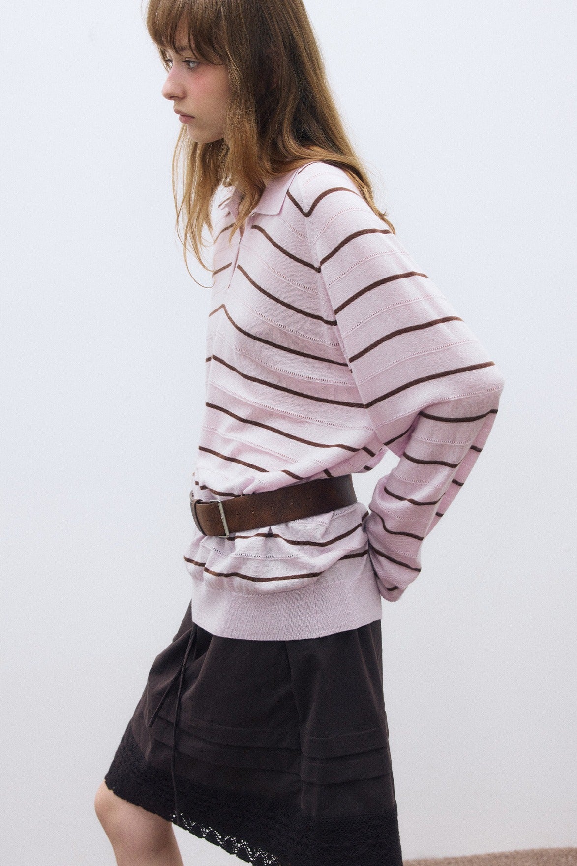 Wool blend mid-length stripes polo knitwear | 4 color