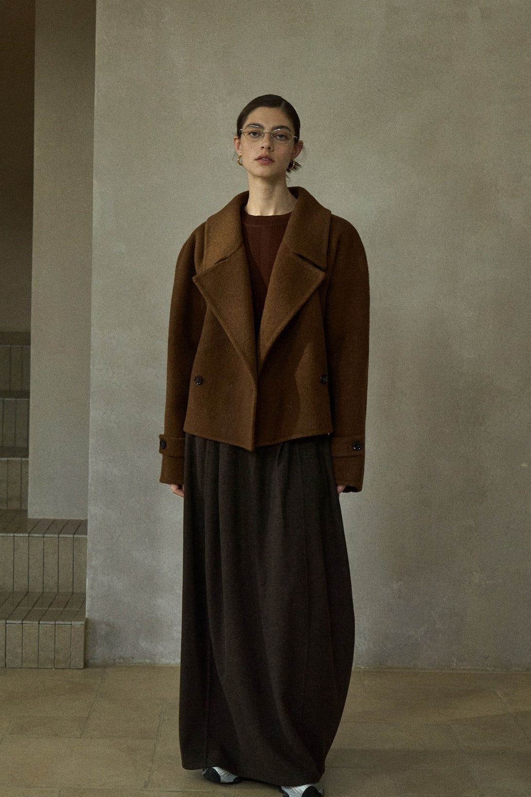 Wool-silk-camel hair cropped jacket with a belt | 3 color