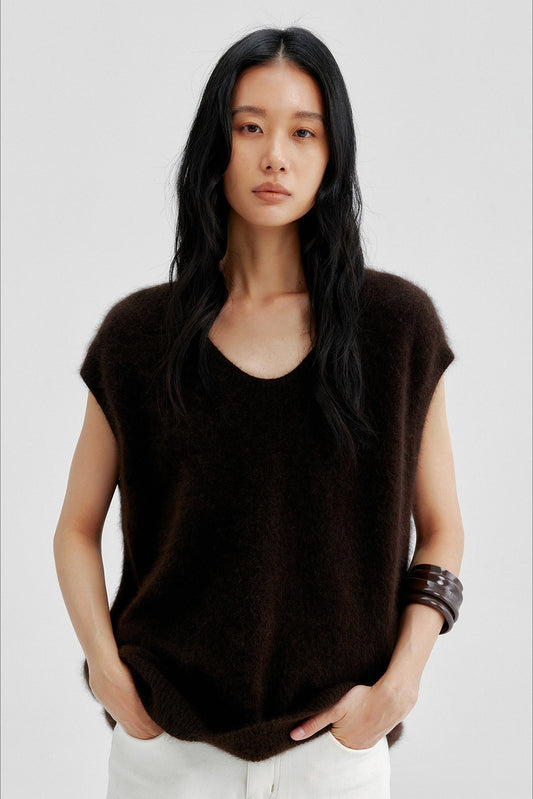 Wool blend long-hair soft V-neck vest | 3 color