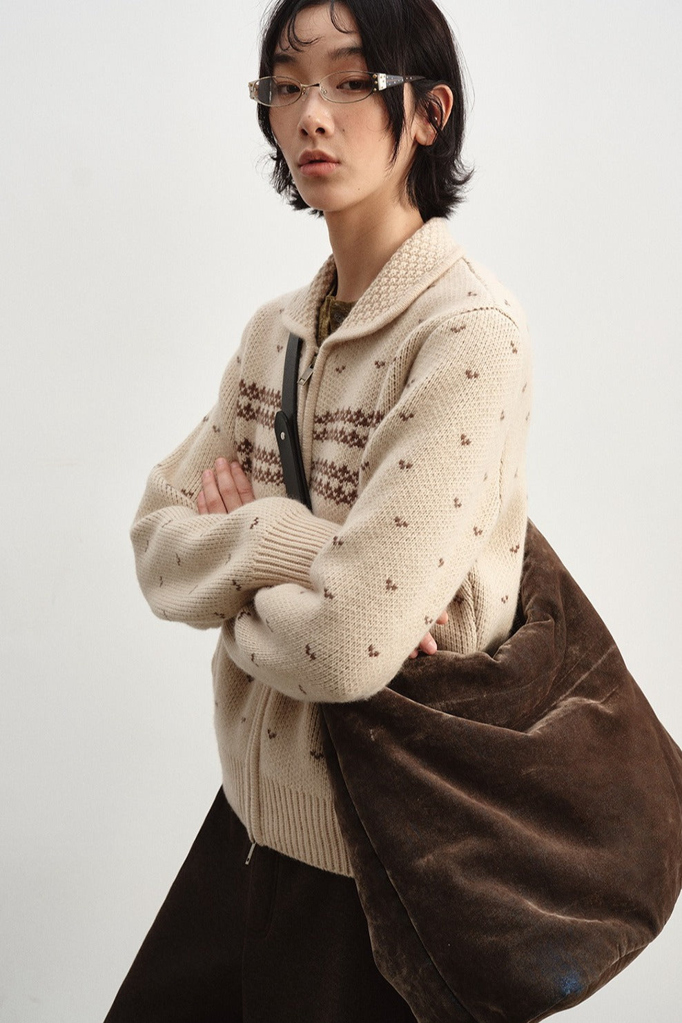 Wool jacquard pattern peter pan collar cardigan | 2 color
