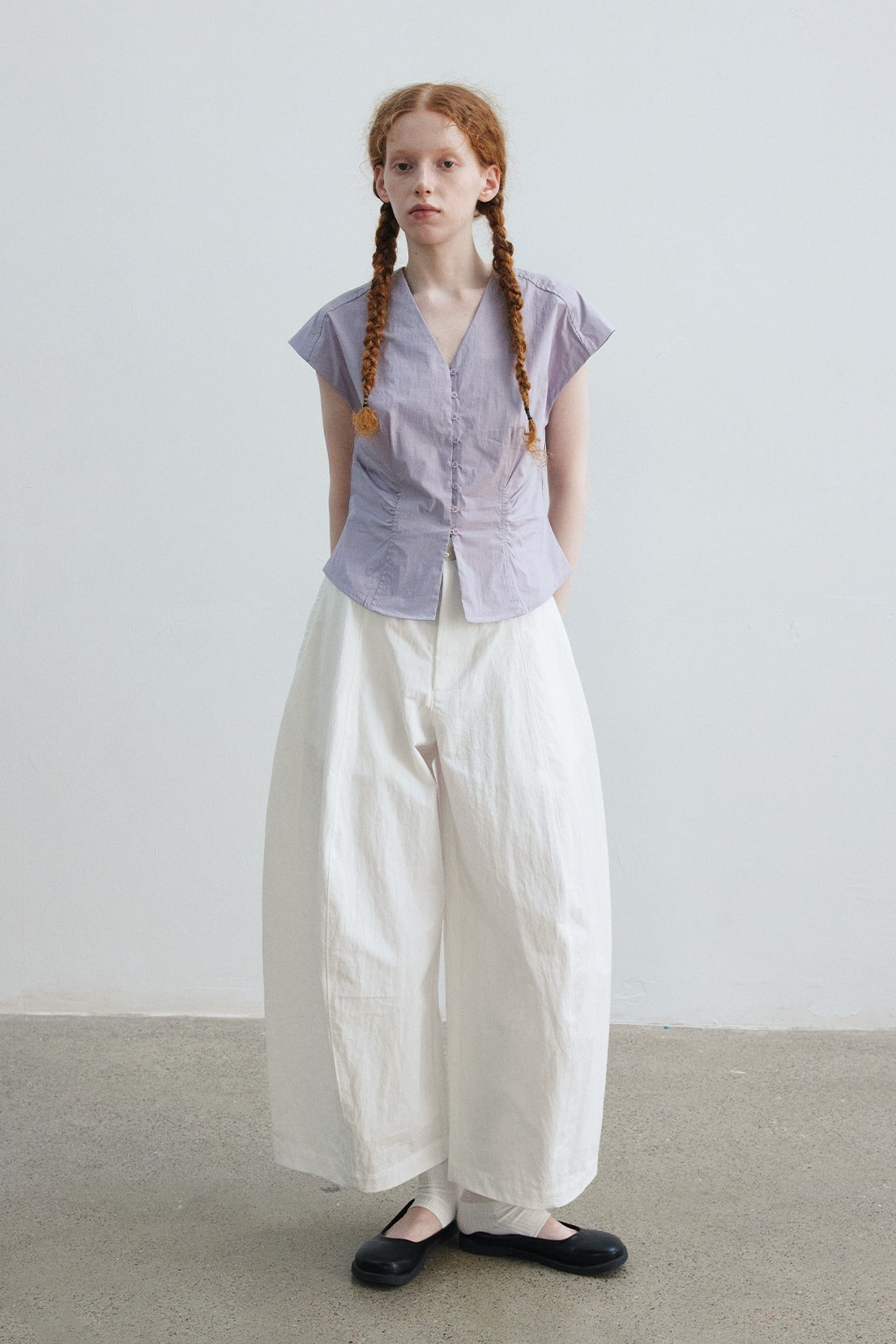 Cotton blend frying sleeve V-neck shirt | 4 color