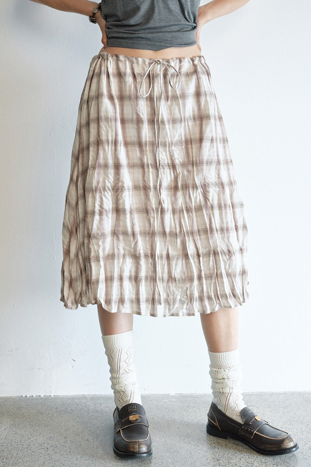 Linen-cotton crinkled elastic waist check skirt | 2 color