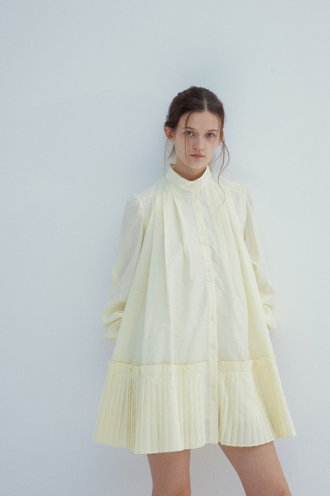 Cotton blend mid-length pleated tail dress | 4 color