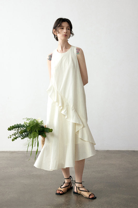 100% cotton ruffled design sleeveless dress | 4 color