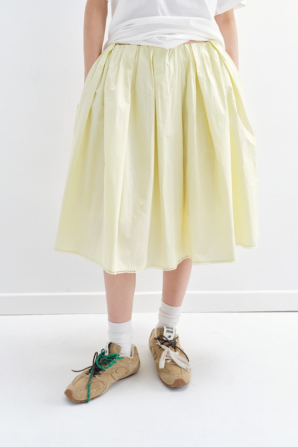 Textured cotton midi skirt with lace trim | 4 color