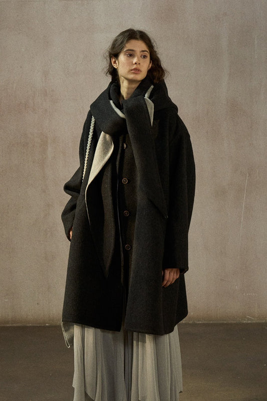 100% wool loose-fit mid-length coat with a scarf hood | 2 color