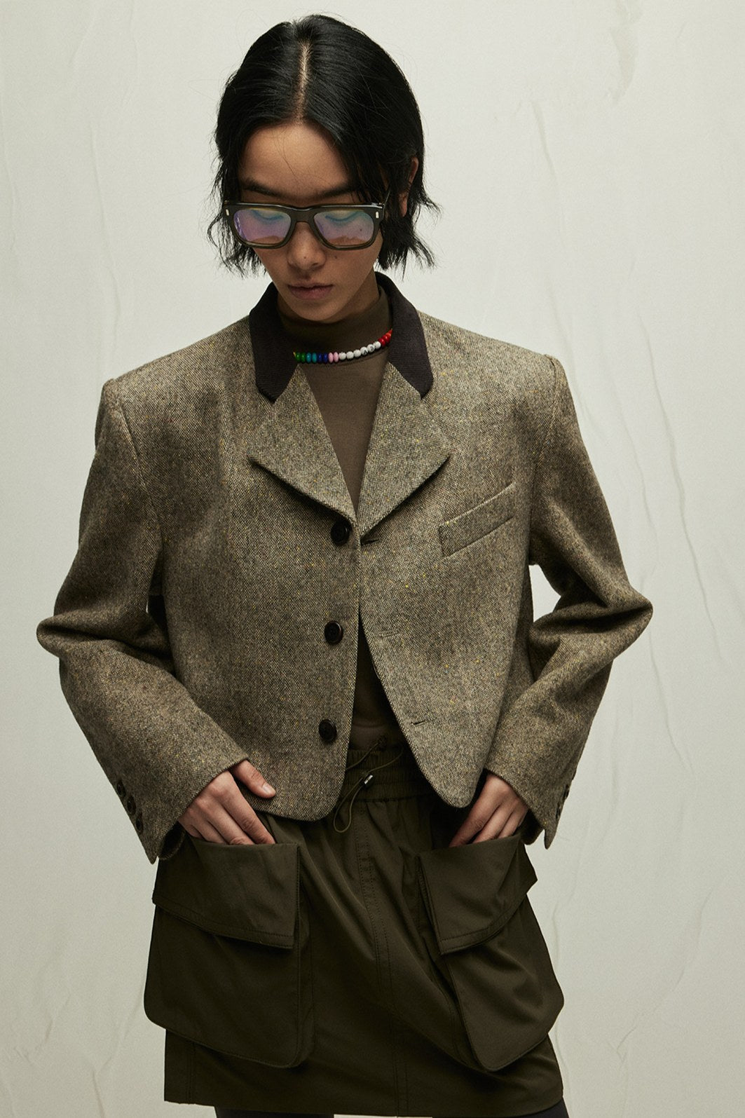 Wool blend patchwork cropped jacket | 2 color