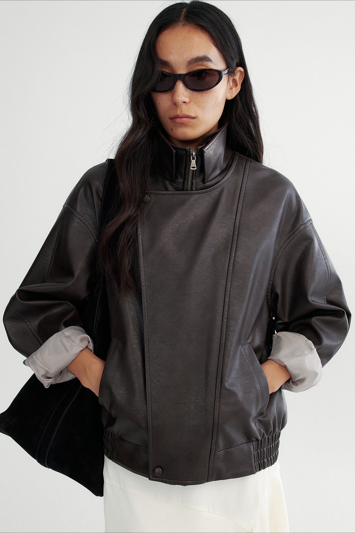 PU blend sleek panel retro style jacket | 2 color