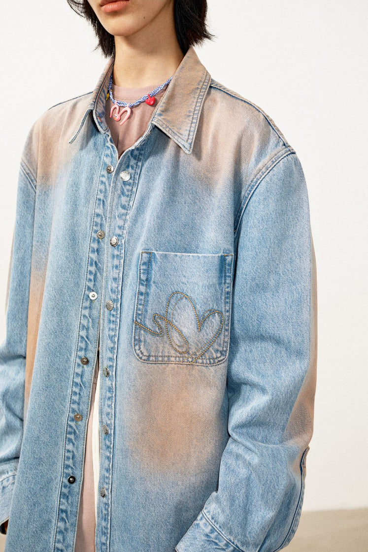 Cotton blend tencel dirty washed denim shirt | 2 color