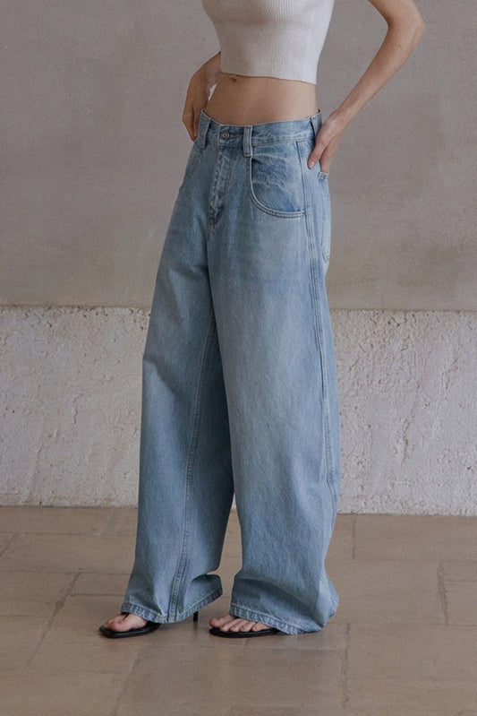 Cotton blend wide-leg  curved shape jeans | 3 color