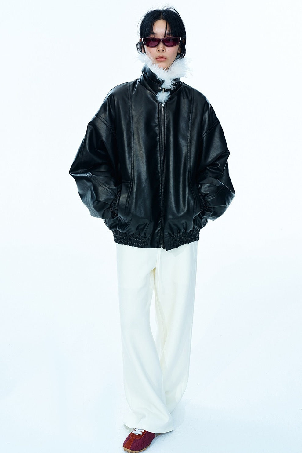 Relaxed-fit cozy collar trendy PU jacket | 2 color