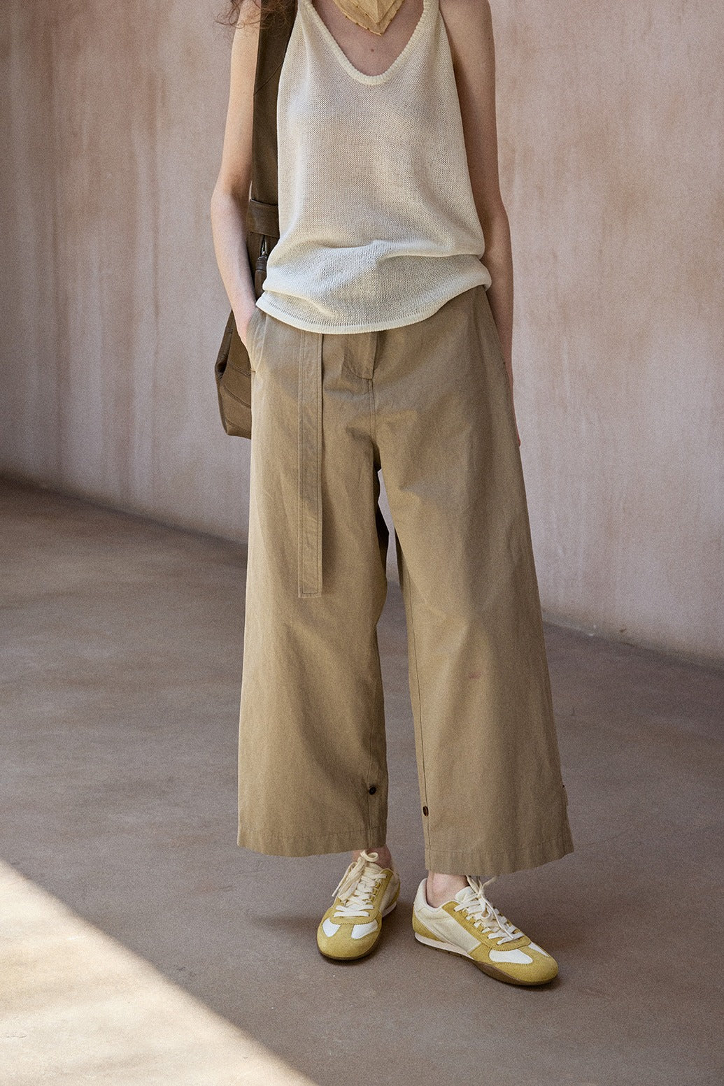 Cotton blend comfortable straight-leg pants with a belt | 3 color