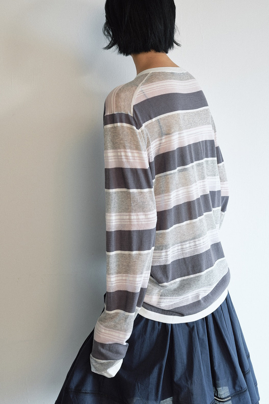 Lightweight slightly sheer stripe knit T-shirt | 4 color