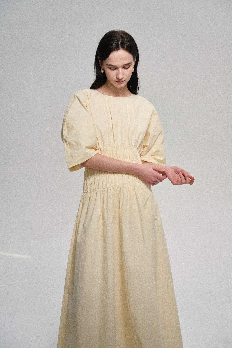 Customizable Pleated waist puff-sleeved dress | 2 color