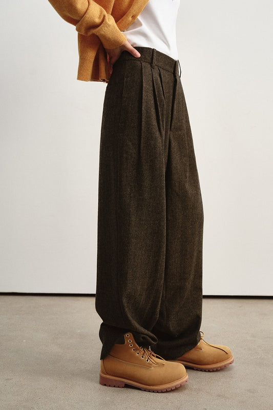 Wool blend herringbone pattern relaxed fit pants | 2 color