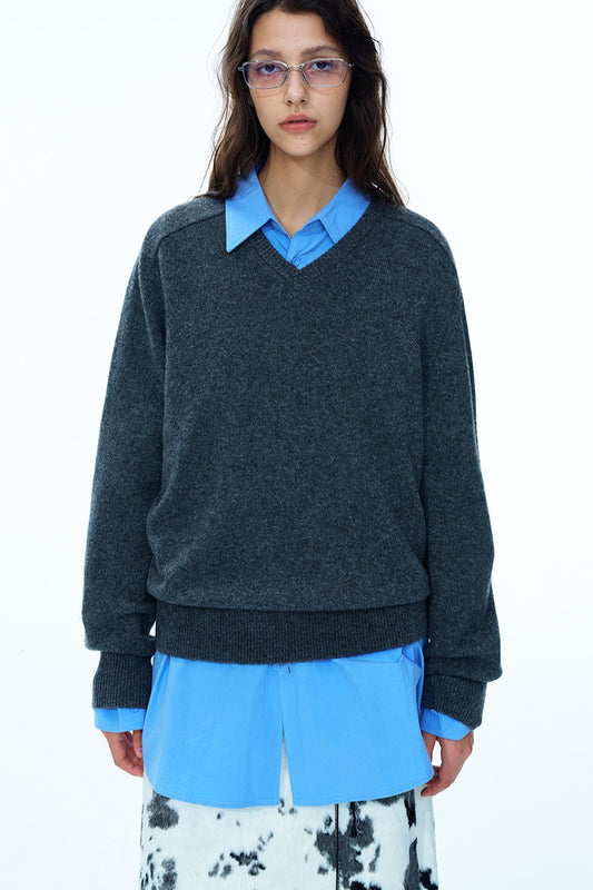 Wool blend relaxed fit V-neck sweater | 4 color