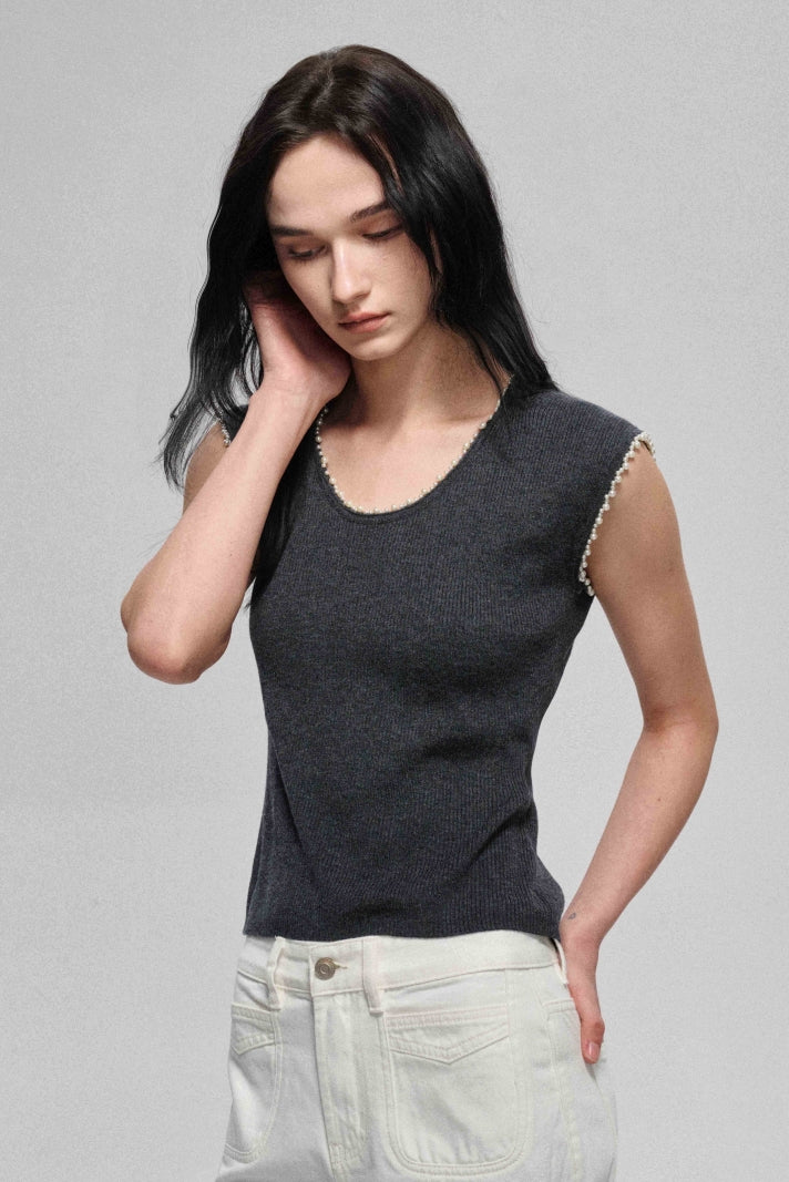 Comfortable ribbed knit sleeveless T-shirt | 2 color