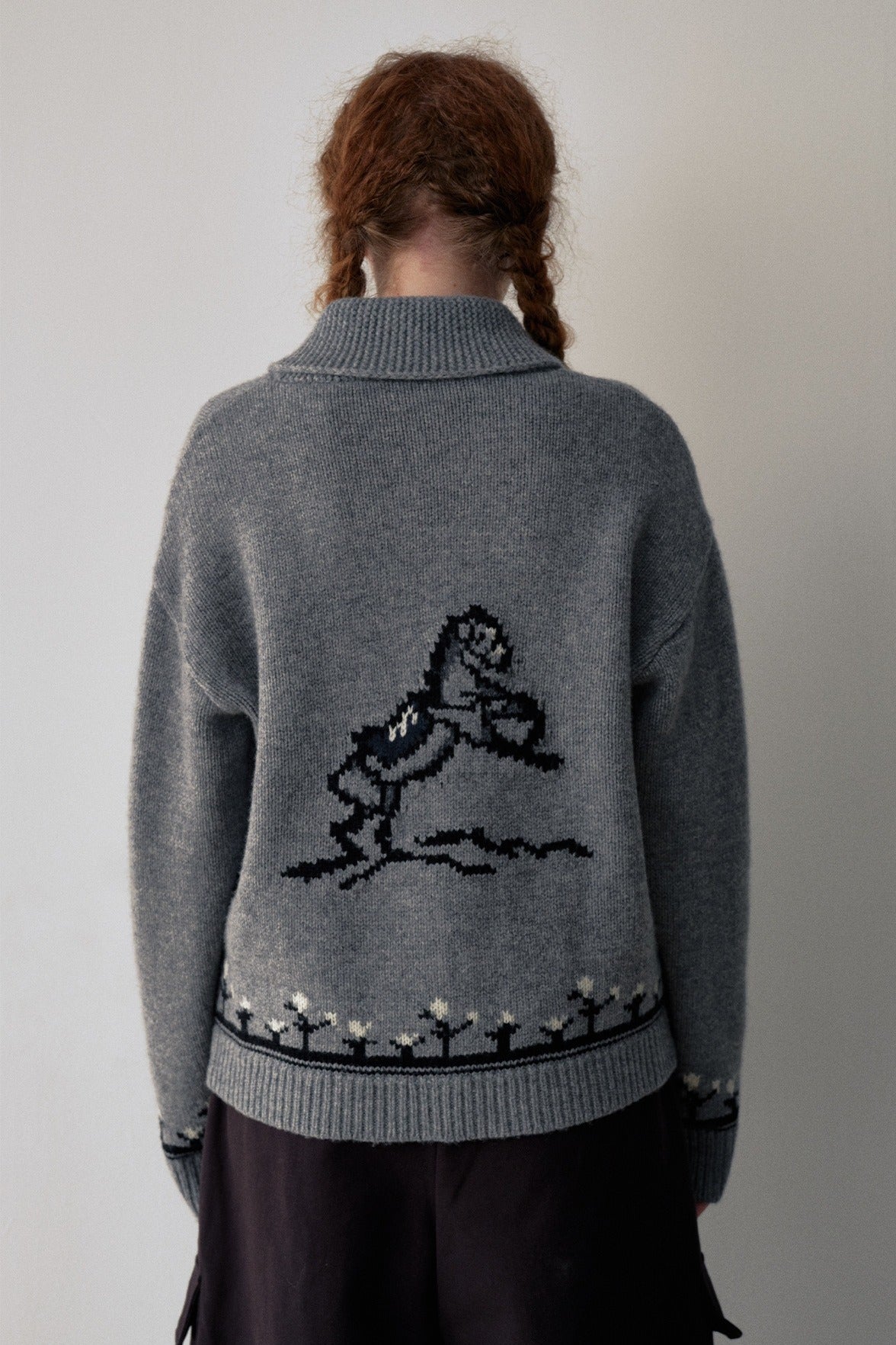 100% sheep wool horse jacquard zip-up cardigan | 4 color