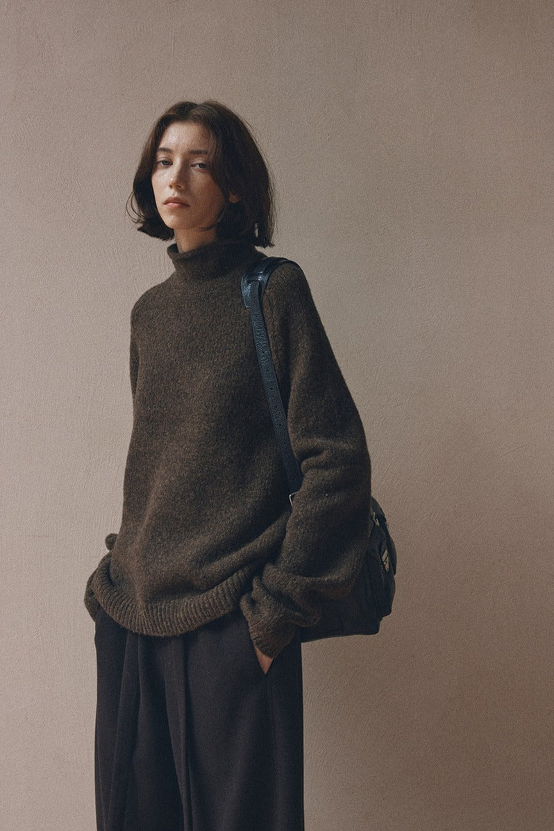 Wool riched rolled high collar cozy sweater