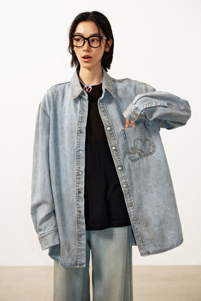 Cotton blend tencel dirty washed denim shirt | 2 color