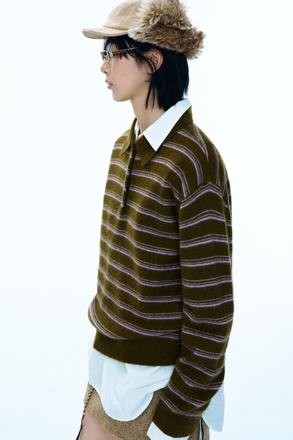 Wool blend loose-fit striped polo sweater | 4 color