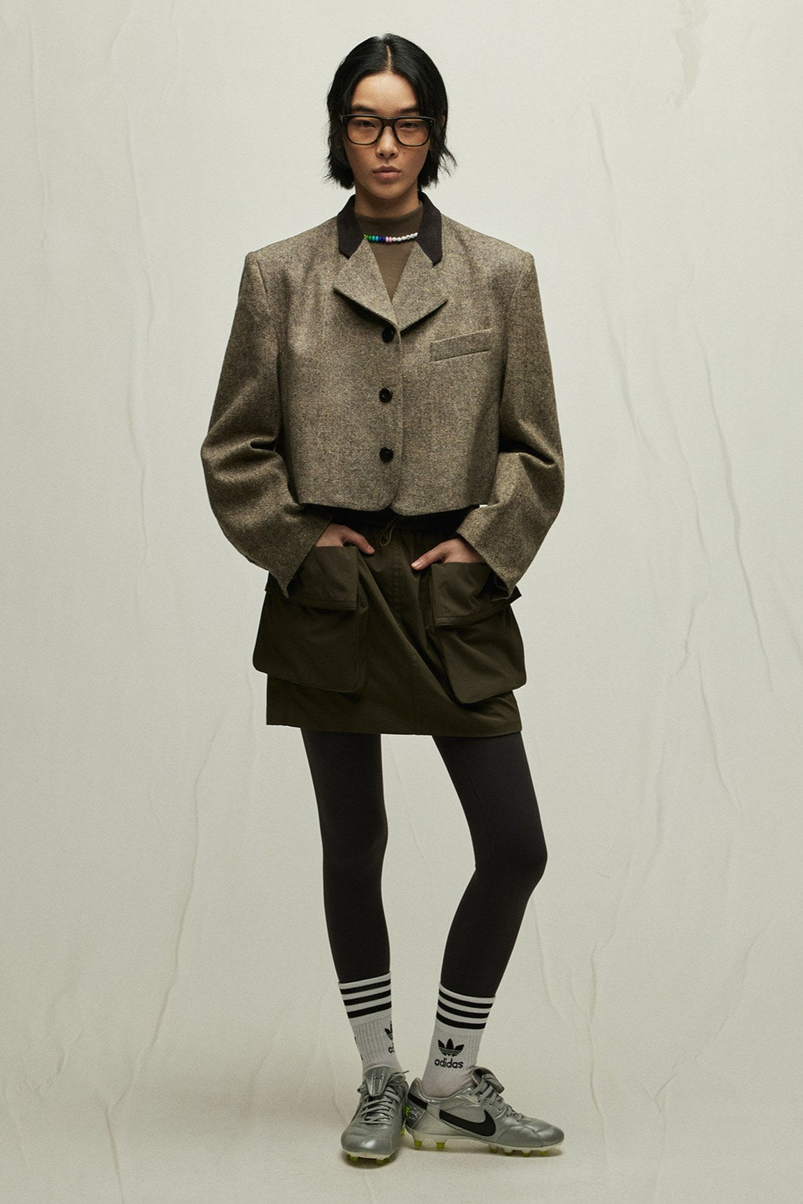 Wool blend patchwork cropped jacket | 2 color