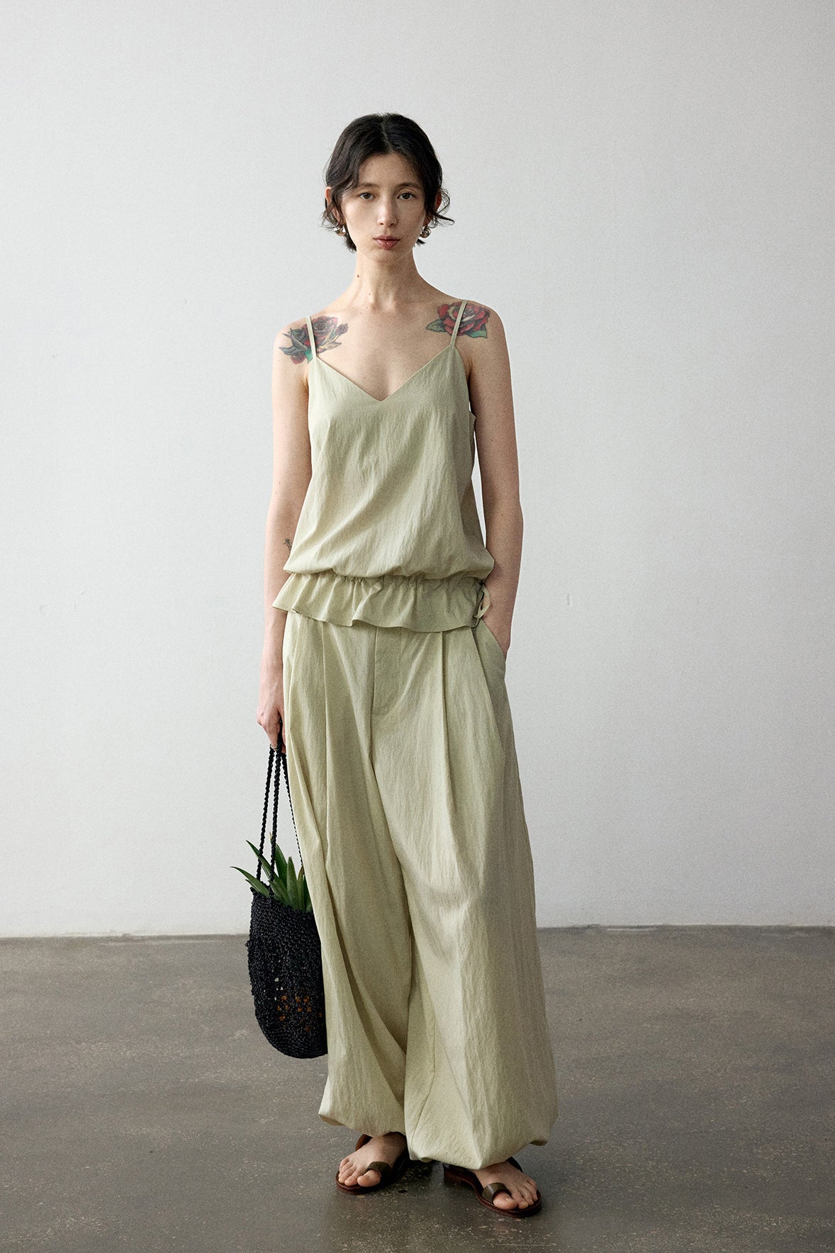 Viscose blend pleated edge sling top | 4 color