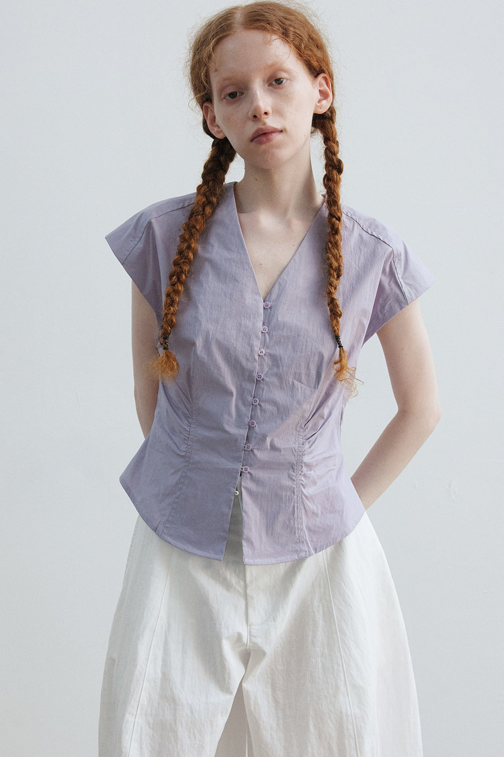 Cotton blend frying sleeve V-neck shirt | 4 color