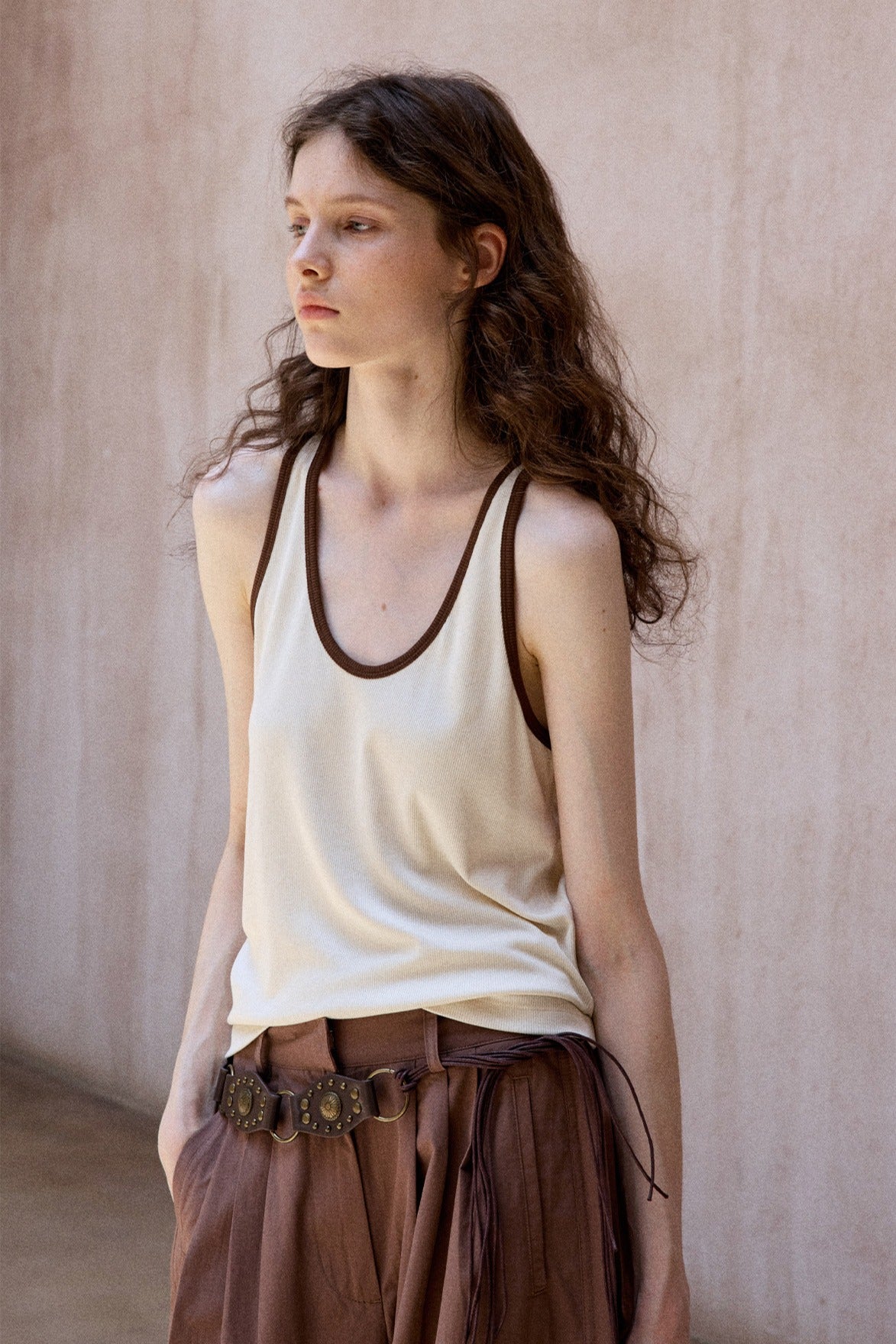 Cotton blend elastic color contrast tank top | 3 color