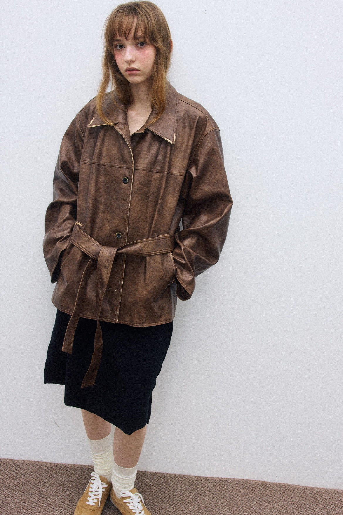 PU-coated vintage-look jacket with e belt | 3 color