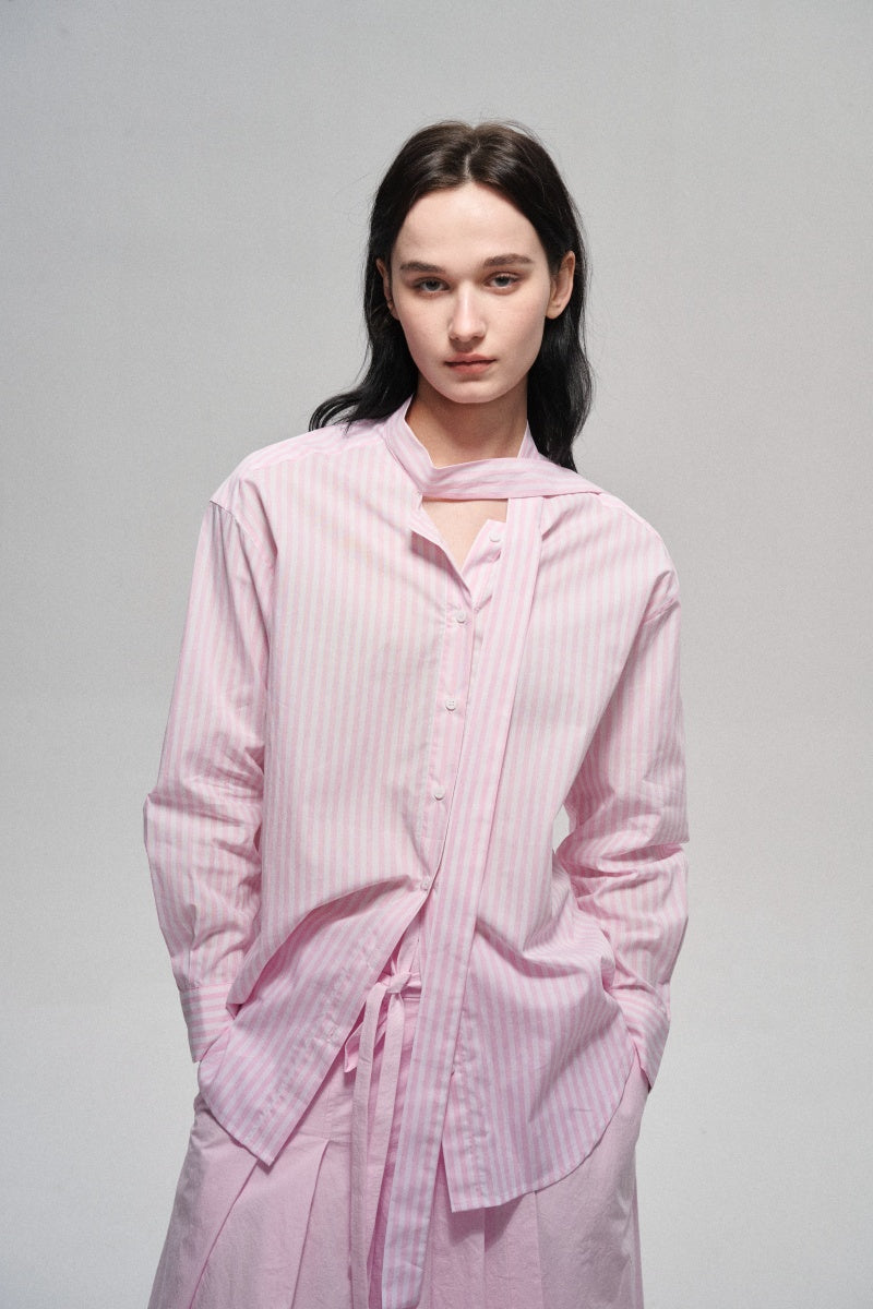Cotton breezy feel soft striped shirt with a front tie