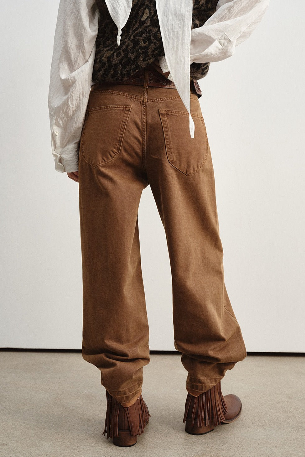 Cotton straight-leg frayed hem distressed jeans | 3 color