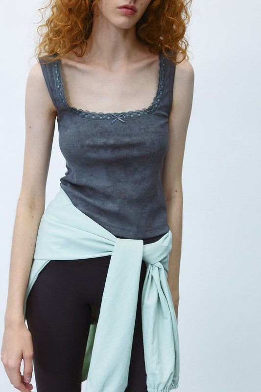 Square neck lace trim elastic tank top | 2 color