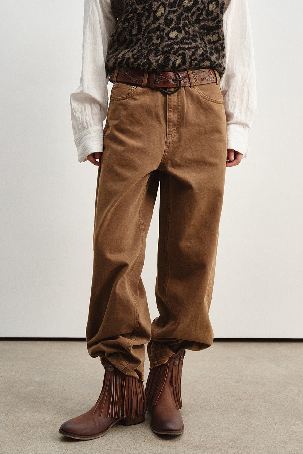 Cotton straight-leg frayed hem distressed jeans | 3 color