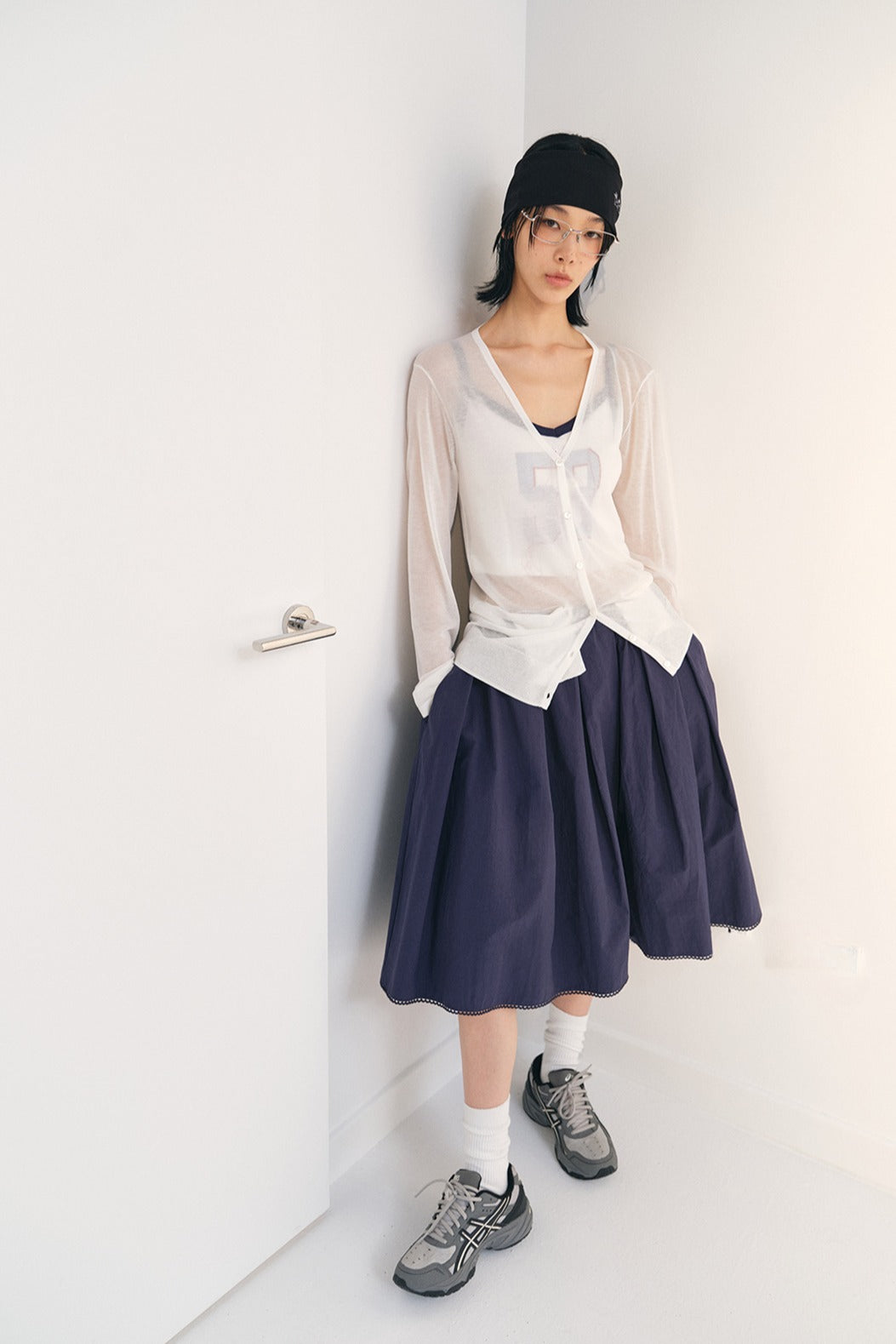 Textured cotton midi skirt with lace trim | 4 color