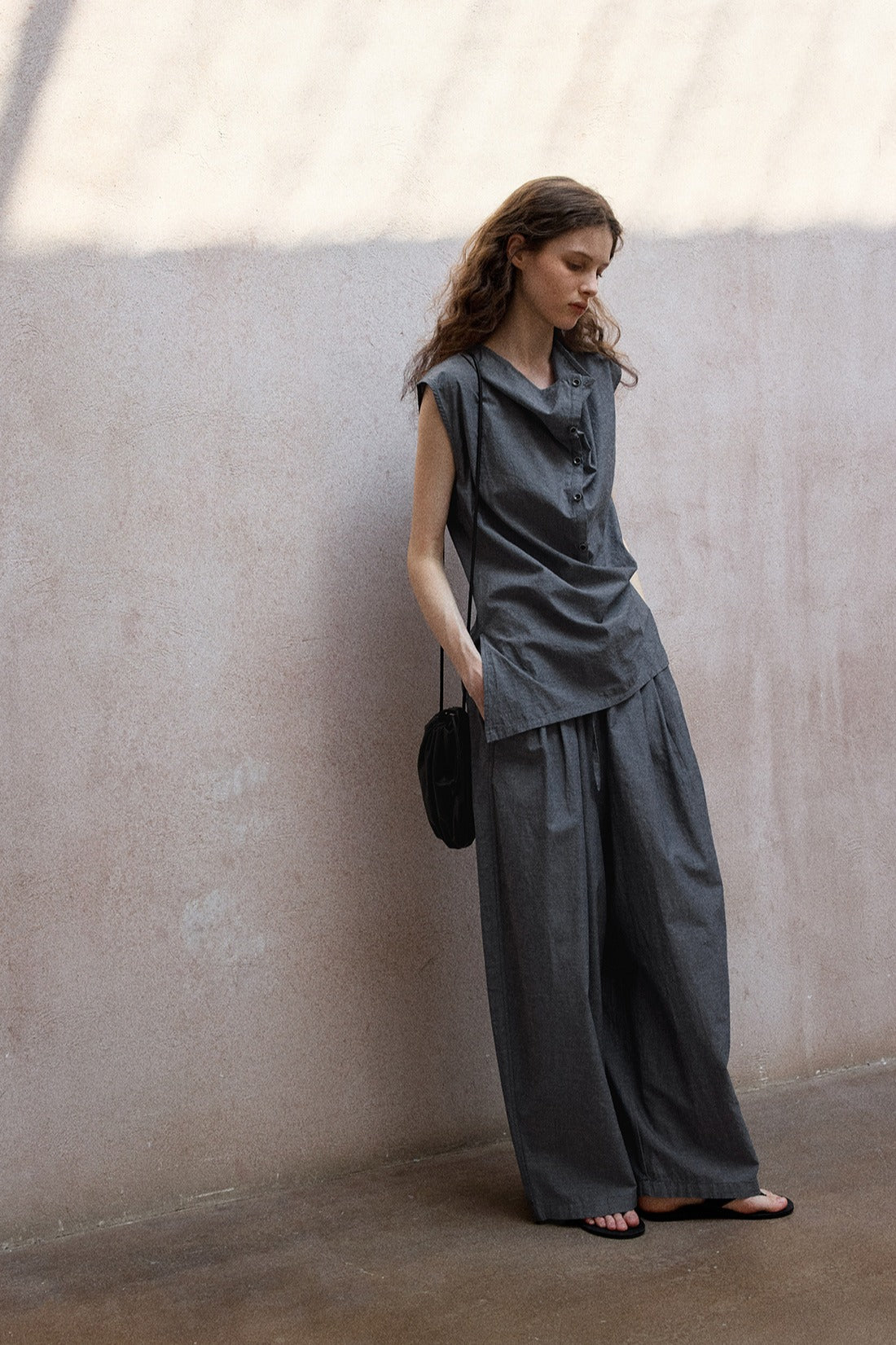 Cotton blend linen diagonal front vest shirt | 2 color