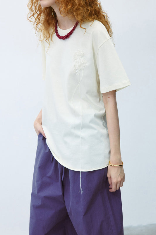 Cotton blend loose fit t-shirt with 3D patchwork embroidery | 3 color