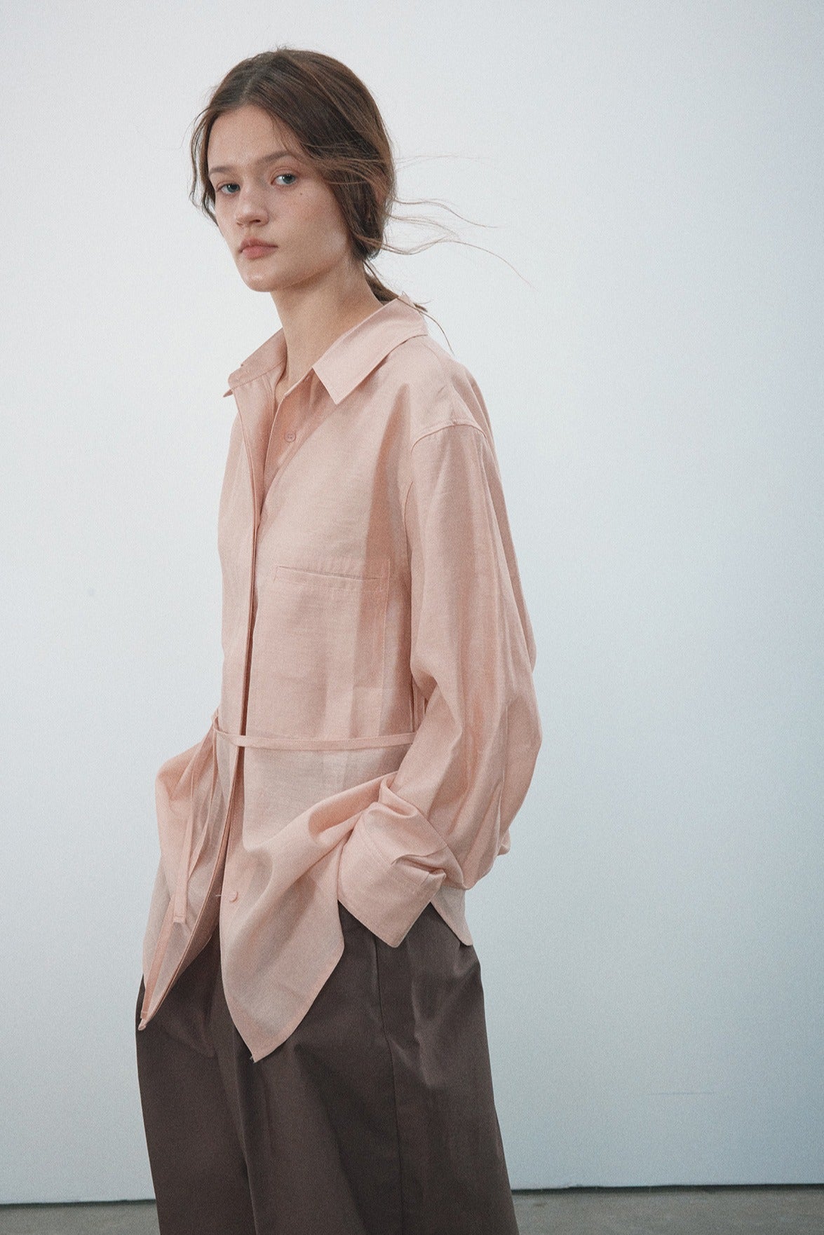 Lyocell blend semi-sheer mid-length shirt | 5 color