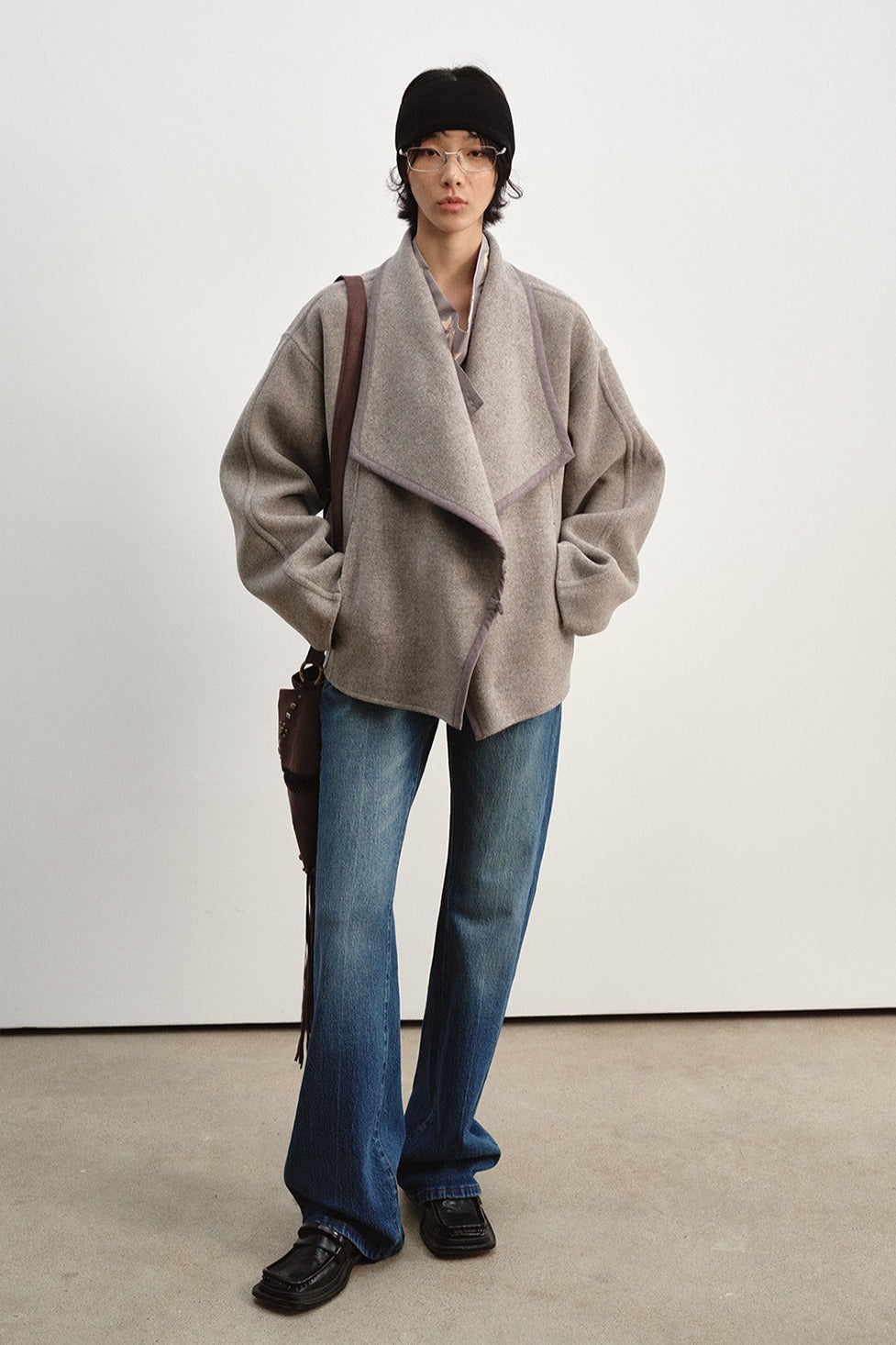 Wool-silk-alpaca relaxed fit large lapel jacket | 2 color