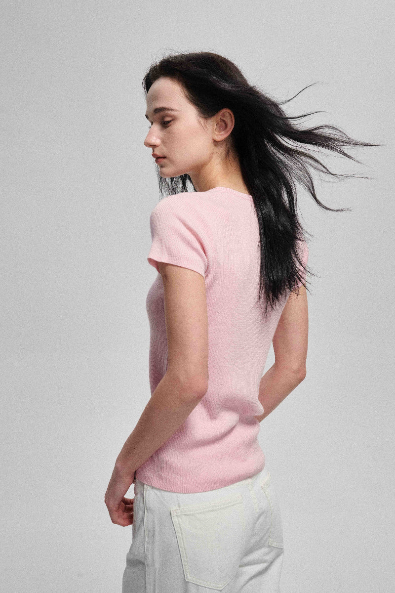 Wool containing soft ribbed knit T-shirt