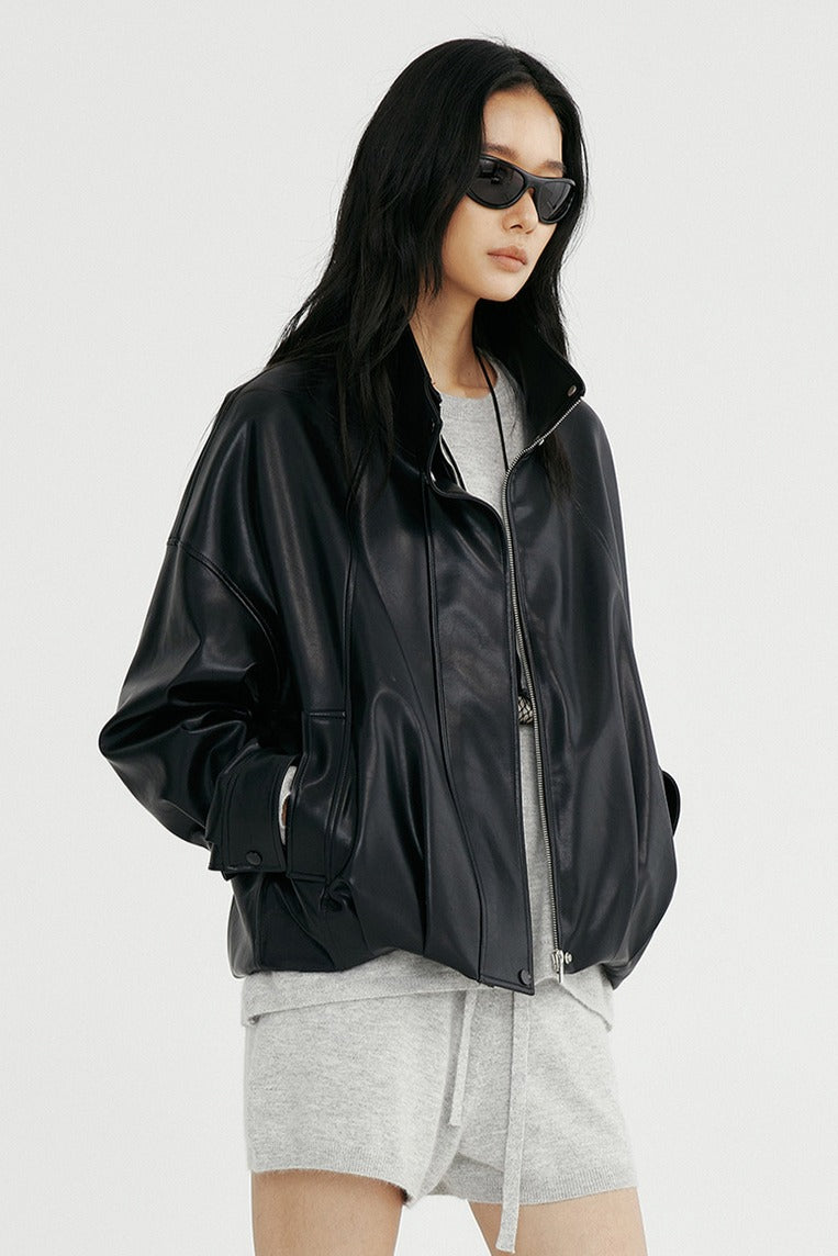Matte-finish cropped PU jacket | 2 color