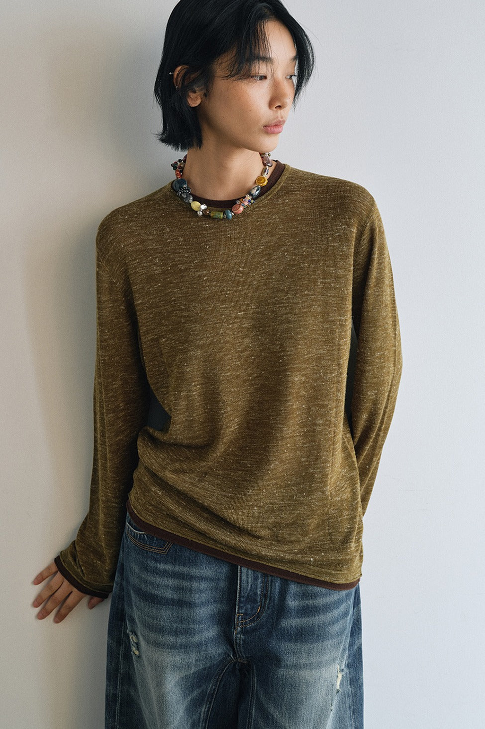 Acrylic-linen fake two-piece lightweight knitwear | 3 color