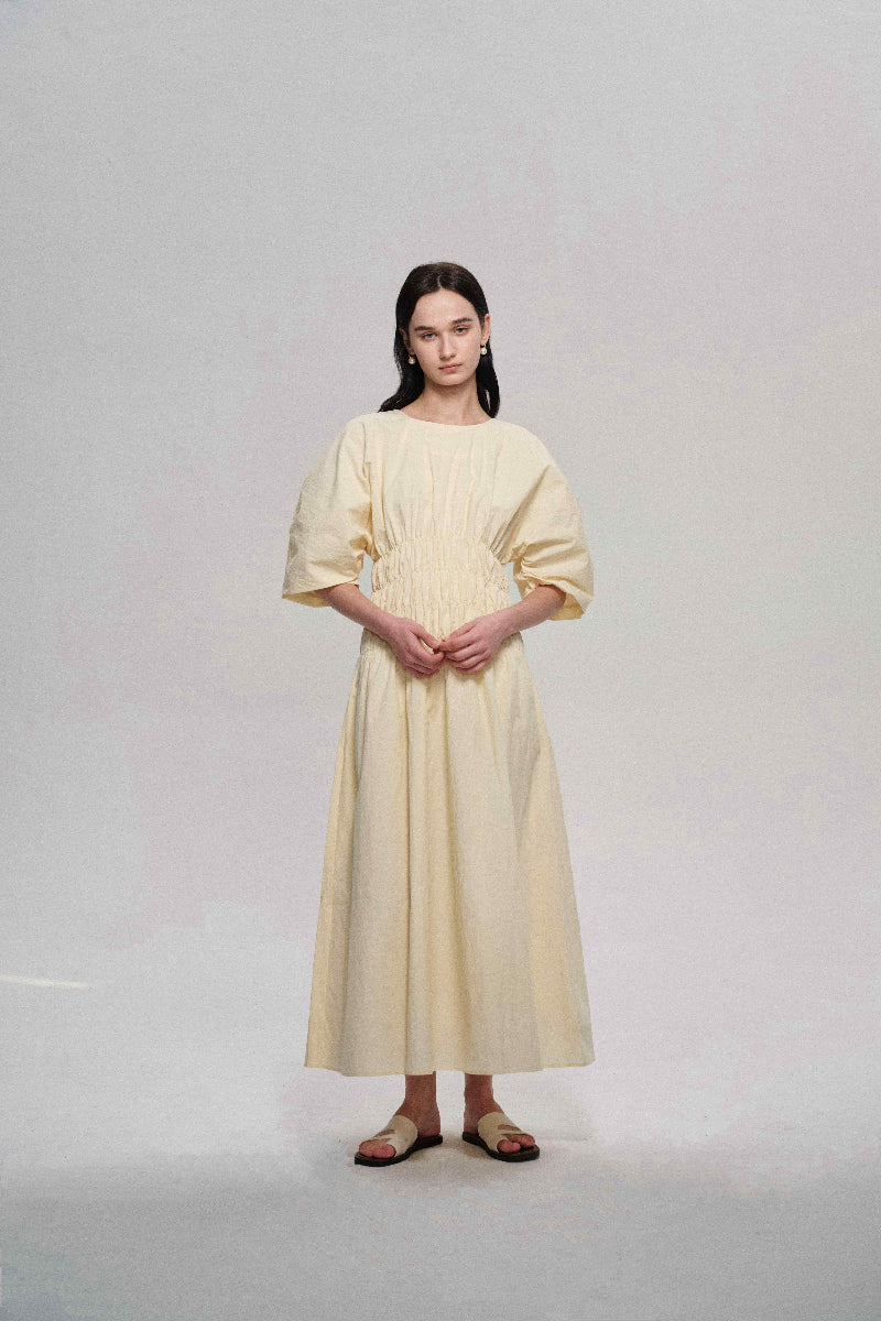 Customizable Pleated waist puff-sleeved dress | 2 color