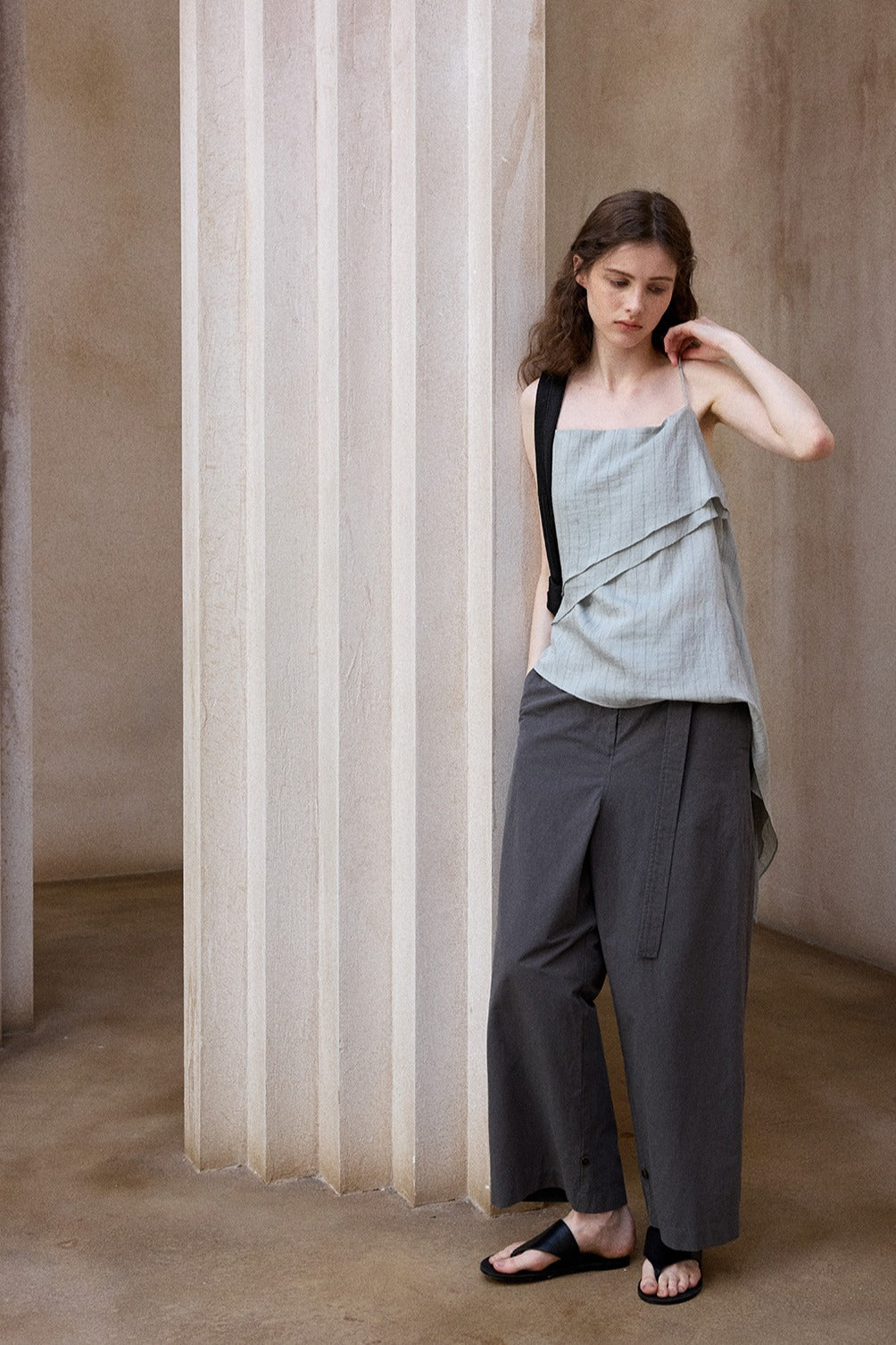 Cotton blend comfortable straight-leg pants with a belt | 3 color
