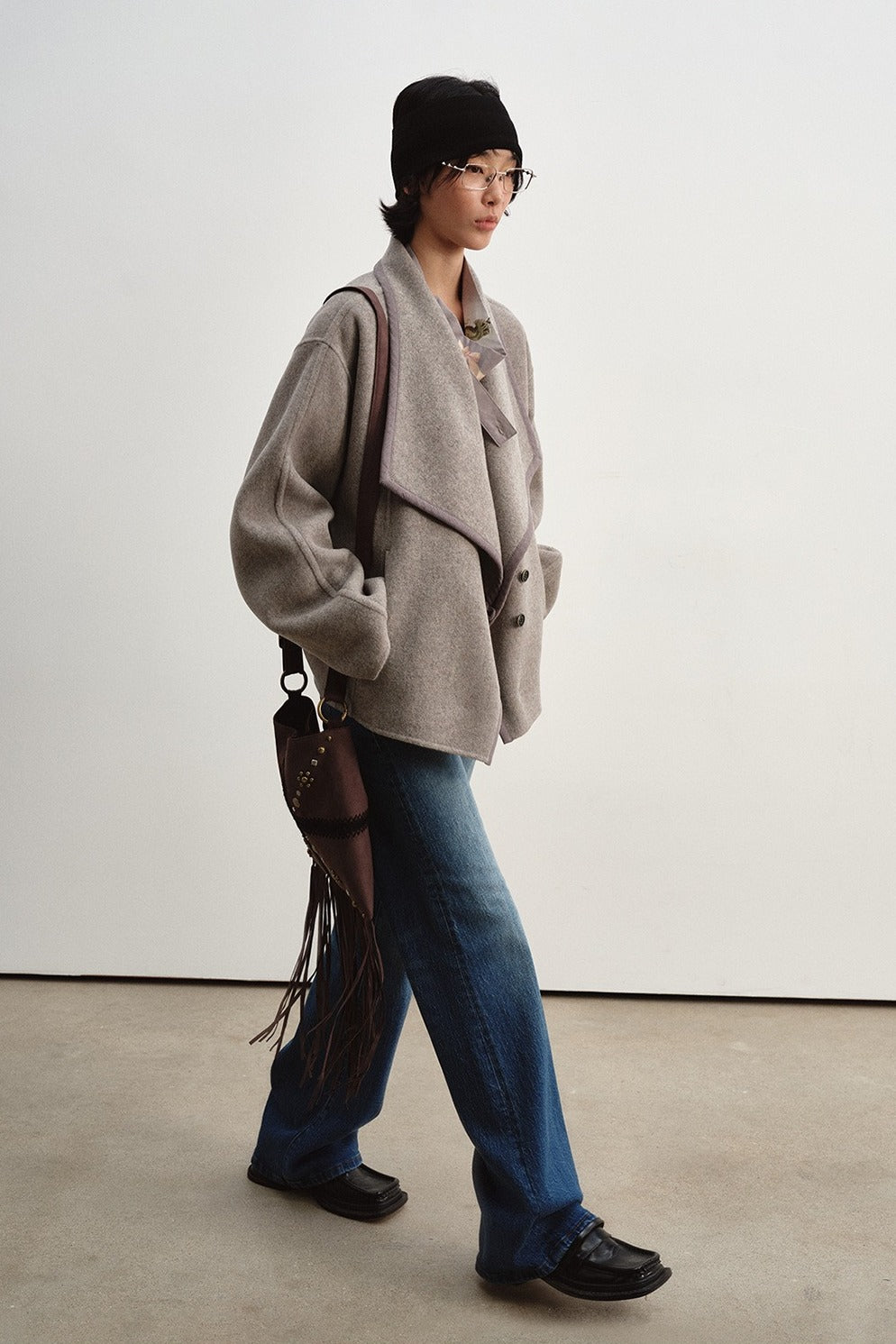Wool-silk-alpaca relaxed fit large lapel jacket | 2 color