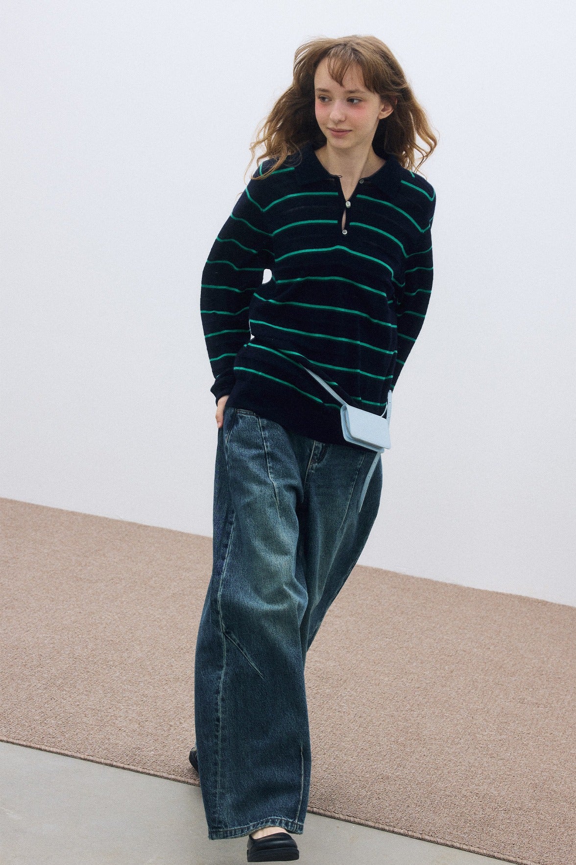 Wool blend mid-length stripes polo knitwear | 4 color