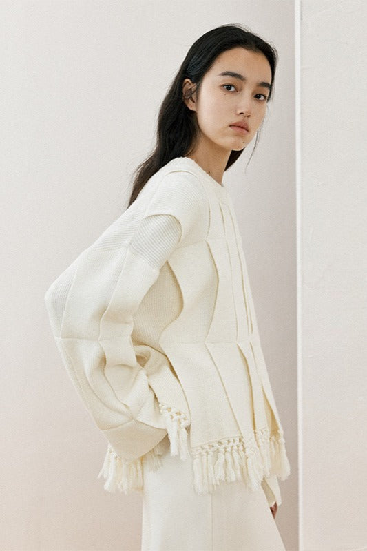 Suéter con flecos y estampado en capas de lana y mezcla de algodón | 4 colores